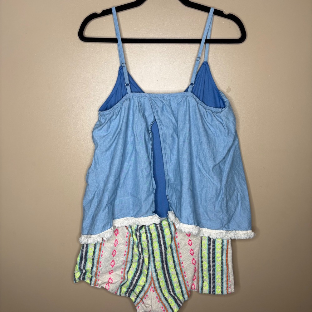 Judith March Women Blue Embroidered Fringe Split Back Romper Size Large Boho - Picture 4 of 7